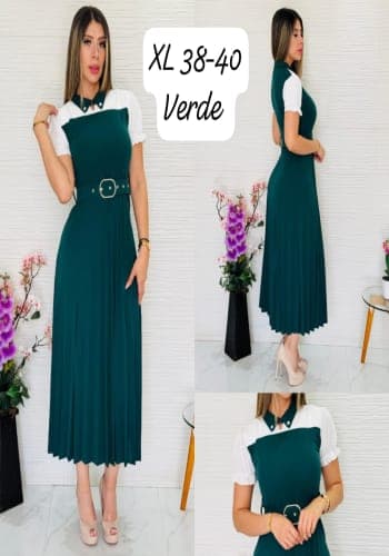 Vestido  largo color Verde botella  talla Extragrande  estilo Tableado